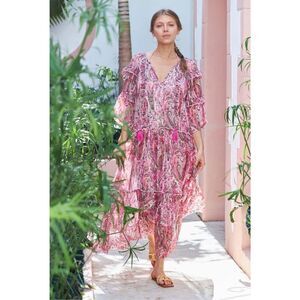 Debbie Katz‎ Mariah Midi Dress Pink Oversized paisley chiffon NWOT Medium